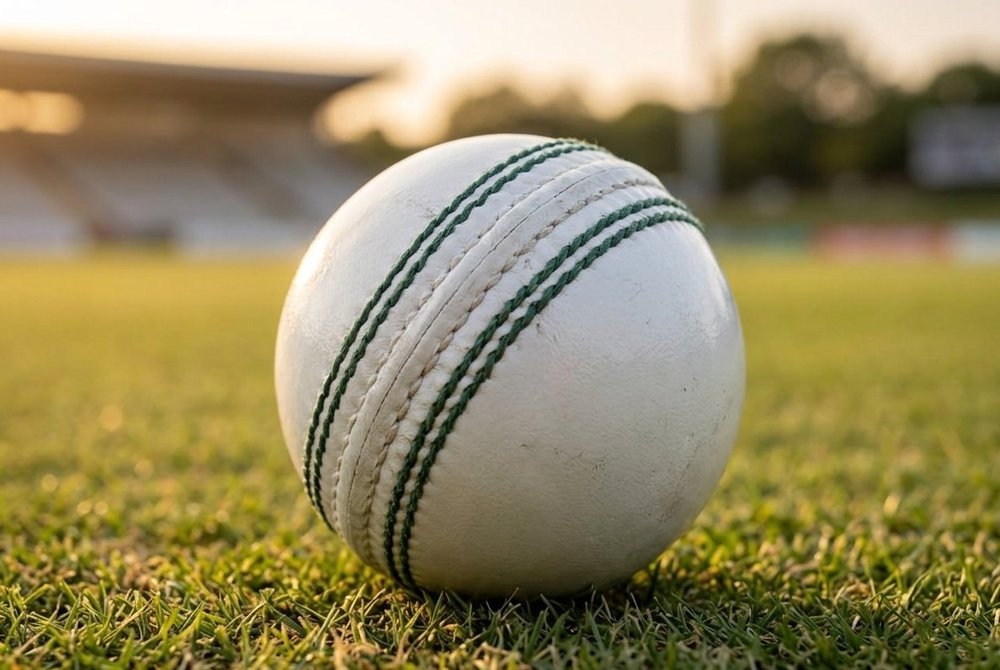A finished white cricket ball, photographed at sunset